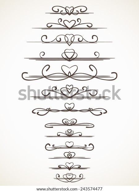 Ornamental calligraphic line with heart design\
element Page decoration Vector\
set
