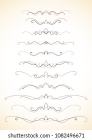Ornamental calligraphic lines dividers page decoration two colors, Vector delicate minimalistic design element set