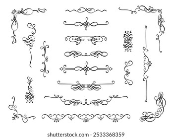 Ornamental calligraphy elements. Elegant vintage flourish swashes and frames for wedding invitation card and greeting cards. Vector isolated set.