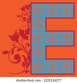 Ornamental Capital Letter E Made Of Medieval Vintage Floral Tiles Mosaic