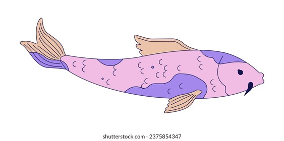 Ornamental carp blotched 2D linear cartoon character. Oriental fish for japanese pond, watergarden isolated line vector animal white background. Nishikigoi swimming color flat spot illustration
