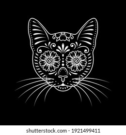 Ornamental cat portrait black background  Stencil art  Stylized cat face  Cat pattern  Day the Dead  Painted cat head 