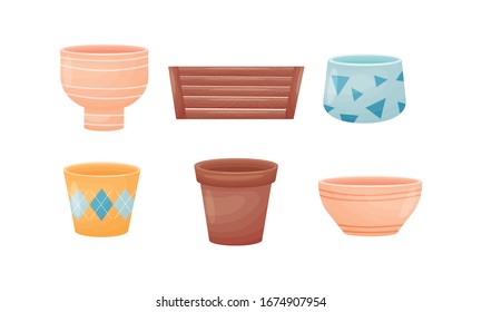 Ornamental Ceramic Flowerpots and Wooden Crate for Planting Vector Set