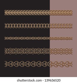 Ornamental chains set, gold seamless borders, vector illustration