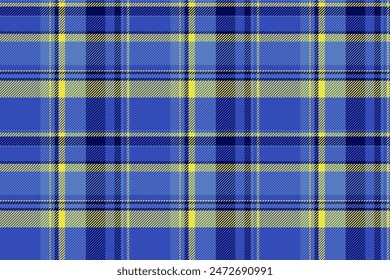 Ornamental check seamless texture, tee plaid textile pattern. Easter fabric vector background tartan in blue and yellow colors.