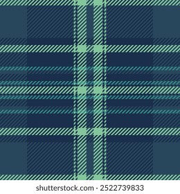 Ornamental check vector background, advertisement textile pattern texture. Custom tartan plaid seamless fabric in dark and cyan colors palette.
