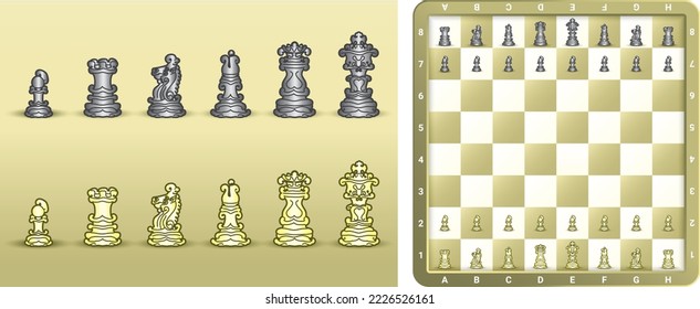 Ornamental Chess black and white pawns on nice background and chess board isolated in vector illustration