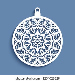 Ornamental Christmas ball, cutout paper pattern, crochet lace round decoration, vector template for laser cutting or wood carving