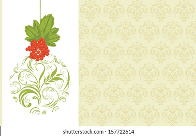 Ornamental Christmas ball with red berries bunch. Decorative background. Vector