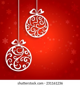 Ornamental Christmas balls with paper swirls, vector background, eps10