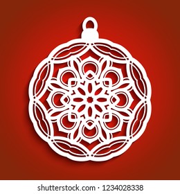 Ornamental Christmas bauble, cutout paper pattern, round lace decoration, vector template for laser cutting or plotter printing