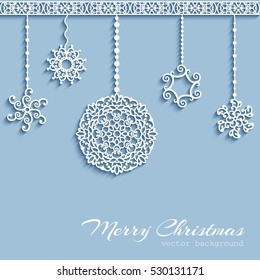 Ornamental Christmas baubles with paper swirls, vector background, greeting card template, eps10