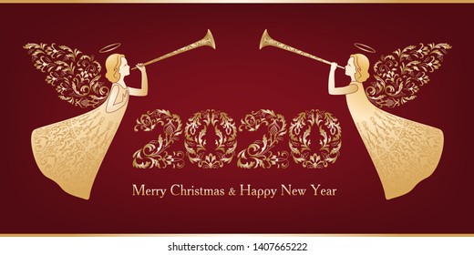 Ornamental christmas numerals 2020 and two angels with ornamental wings. Beautiful angels with trumpet in golden ornate dress. Happy New Year and Merry Christmas golden text on dark red background.