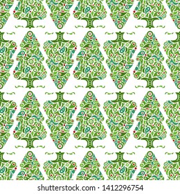 Ornamental Christmas Tree seamless pattern.  Vector background.