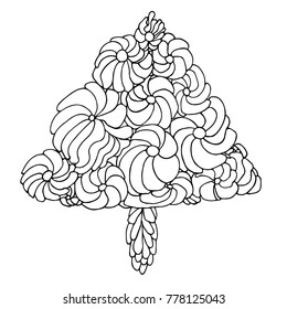 Ornamental Christmas tree with swirl pattern. Artistic hand made vector illustration. Happy new year coloring page