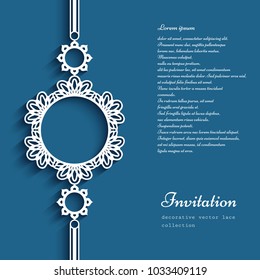 Ornamental circle frame with lace border pattern, cutout round decoration for wedding invitation card design, elegant template for paper cutting, eps10 vector illustration