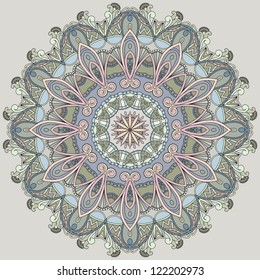 Ornamental circle on grey background. Mandala in pastel colors