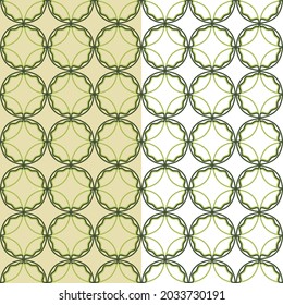 Ornamental circle outline seamless pattern in green. Stylized leaf geometric grid surface template. White or yellow gold easy editable color background. Vector