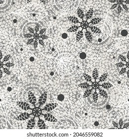 Ornamental circle pattern with autumn outlined leaf seamless pattern on grey pine cone star flower scattered pattern