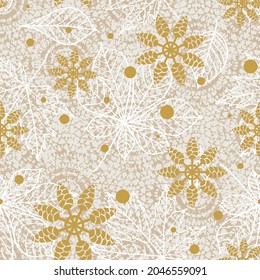Patrón de círculo ornamental con patrón de hojas delineadas de otoño sin fisuras en el patrón de flor de estrella de cono de pino dorado disperso