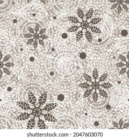Ornamental circle pattern with autumn outlined leaf seamless pattern on brown pine cone star flower scattered pattern