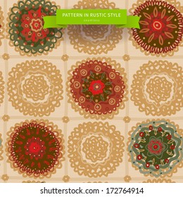 Ornamental circle pattern in folk style, looks like crochet handmade rug, seamless texture. Rustic background. It can be used for wallpaper, pattern fills, web page background, surface textures.