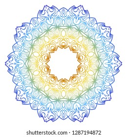Ornamental Circle Pattern. Hand Draw Mandala. Vintage Decorative Elements. Vector illustration. Red, yellow, blue gradient. For Book, Greeting Card, Invitation, Tattoo. Anti-Stress Therapy Pattern