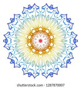 Ornamental Circle Pattern. Hand Draw Mandala. Vintage Decorative Elements. Vector illustration. Red, yellow, blue gradient. For Book, Greeting Card, Invitation, Tattoo. Anti-Stress Therapy Pattern