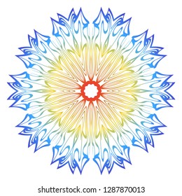 Ornamental Circle Pattern. Hand Draw Mandala. Vintage Decorative Elements. Vector illustration. Red, yellow, blue gradient. For Book, Greeting Card, Invitation, Tattoo. Anti-Stress Therapy Pattern