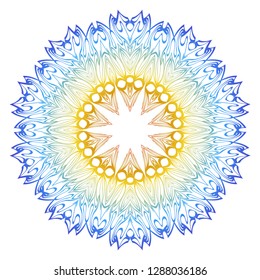 Ornamental Circle Pattern. Hand Draw Mandala. Vintage Decorative Elements. Vector illustration. Red, yellow, blue gradient. For Book, Greeting Card, Invitation, Tattoo. Anti-Stress Therapy Pattern