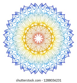 Ornamental Circle Pattern. Hand Draw Mandala. Vintage Decorative Elements. Vector illustration. Red, yellow, blue gradient. For Book, Greeting Card, Invitation, Tattoo. Anti-Stress Therapy Pattern