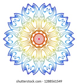 Ornamental Circle Pattern. Hand Draw Mandala. Vintage Decorative Elements. Vector illustration. Red, yellow, blue gradient. For Book, Greeting Card, Invitation, Tattoo. Anti-Stress Therapy Pattern
