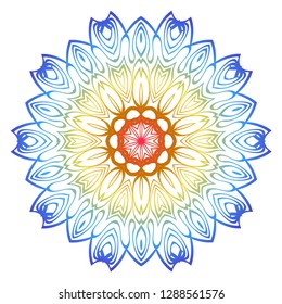 Ornamental Circle Pattern. Hand Draw Mandala. Vintage Decorative Elements. Vector illustration. Red, yellow, blue gradient. For Book, Greeting Card, Invitation, Tattoo. Anti-Stress Therapy Pattern