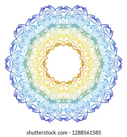 Ornamental Circle Pattern. Hand Draw Mandala. Vintage Decorative Elements. Vector illustration. Red, yellow, blue gradient. For Book, Greeting Card, Invitation, Tattoo. Anti-Stress Therapy Pattern