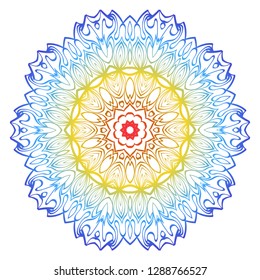 Ornamental Circle Pattern. Hand Draw Mandala. Vintage Decorative Elements. Vector illustration. Red, yellow, blue gradient. For Book, Greeting Card, Invitation, Tattoo. Anti-Stress Therapy Pattern