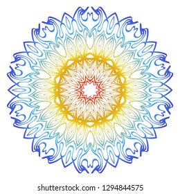 Ornamental Circle Pattern. Hand Draw Mandala. Vintage Decorative Elements. Vector illustration. Red, yellow, blue gradient. For Book, Greeting Card, Invitation, Tattoo. Anti-Stress Therapy Pattern