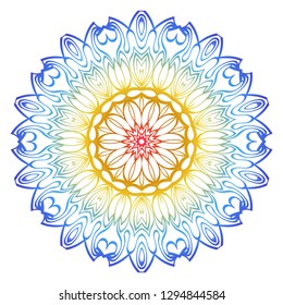 Ornamental Circle Pattern. Hand Draw Mandala. Vintage Decorative Elements. Vector illustration. Red, yellow, blue gradient. For Book, Greeting Card, Invitation, Tattoo. Anti-Stress Therapy Pattern