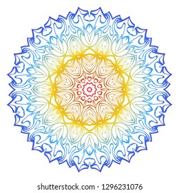 Ornamental Circle Pattern. Hand Draw Mandala. Vintage Decorative Elements. Vector illustration. Red, yellow, blue gradient. For Book, Greeting Card, Invitation, Tattoo. Anti-Stress Therapy Pattern