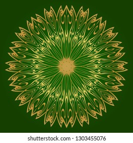 Ornamental Circle Pattern. Hand Draw Mandala. Vintage Decorative Elements. Vector Illustration. Anti-Stress Therapy Pattern. Green gold color.