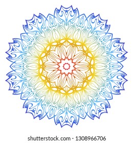 Ornamental Circle Pattern. Hand Draw Mandala. Vintage Decorative Elements. Vector illustration. Red, yellow, blue gradient. For Book, Greeting Card, Invitation, Tattoo. Anti-Stress Therapy Pattern