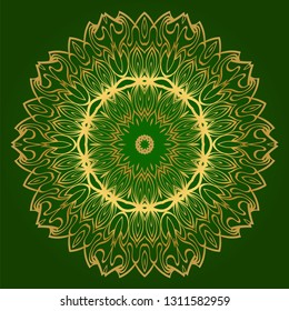 Ornamental Circle Pattern. Hand Draw Mandala. Vintage Decorative Elements. Vector Illustration. Anti-Stress Therapy Pattern. Green gold color.