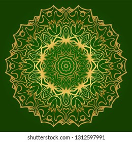 Ornamental Circle Pattern. Hand Draw Mandala. Vintage Decorative Elements. Vector Illustration. Anti-Stress Therapy Pattern. Green gold color.