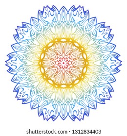 Ornamental Circle Pattern. Hand Draw Mandala. Vintage Decorative Elements. Vector illustration. Red, yellow, blue gradient. For Book, Greeting Card, Invitation, Tattoo. Anti-Stress Therapy Pattern