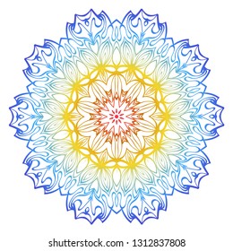 Ornamental Circle Pattern. Hand Draw Mandala. Vintage Decorative Elements. Vector illustration. Red, yellow, blue gradient. For Book, Greeting Card, Invitation, Tattoo. Anti-Stress Therapy Pattern