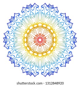 Ornamental Circle Pattern. Hand Draw Mandala. Vintage Decorative Elements. Vector illustration. Red, yellow, blue gradient. For Book, Greeting Card, Invitation, Tattoo. Anti-Stress Therapy Pattern