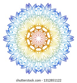 Ornamental Circle Pattern. Hand Draw Mandala. Vintage Decorative Elements. Vector illustration. Red, yellow, blue gradient. For Book, Greeting Card, Invitation, Tattoo. Anti-Stress Therapy Pattern