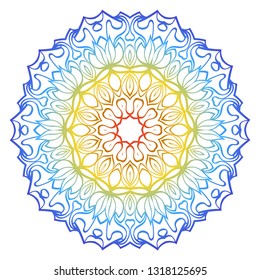 Ornamental Circle Pattern. Hand Draw Mandala. Vintage Decorative Elements. Vector illustration. Red, yellow, blue gradient. For Book, Greeting Card, Invitation, Tattoo. Anti-Stress Therapy Pattern