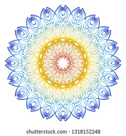 Ornamental Circle Pattern. Hand Draw Mandala. Vintage Decorative Elements. Vector illustration. Red, yellow, blue gradient. For Book, Greeting Card, Invitation, Tattoo. Anti-Stress Therapy Pattern