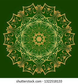 Ornamental Circle Pattern. Hand Draw Mandala. Vintage Decorative Elements. Vector Illustration. Anti-Stress Therapy Pattern. Green gold color.