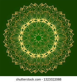 Ornamental Circle Pattern. Hand Draw Mandala. Vintage Decorative Elements. Vector Illustration. Anti-Stress Therapy Pattern. Green gold color.